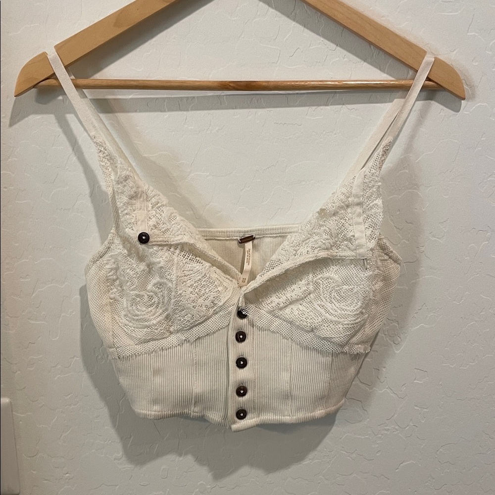 Free People Cream Lace Button-Up Crop Top